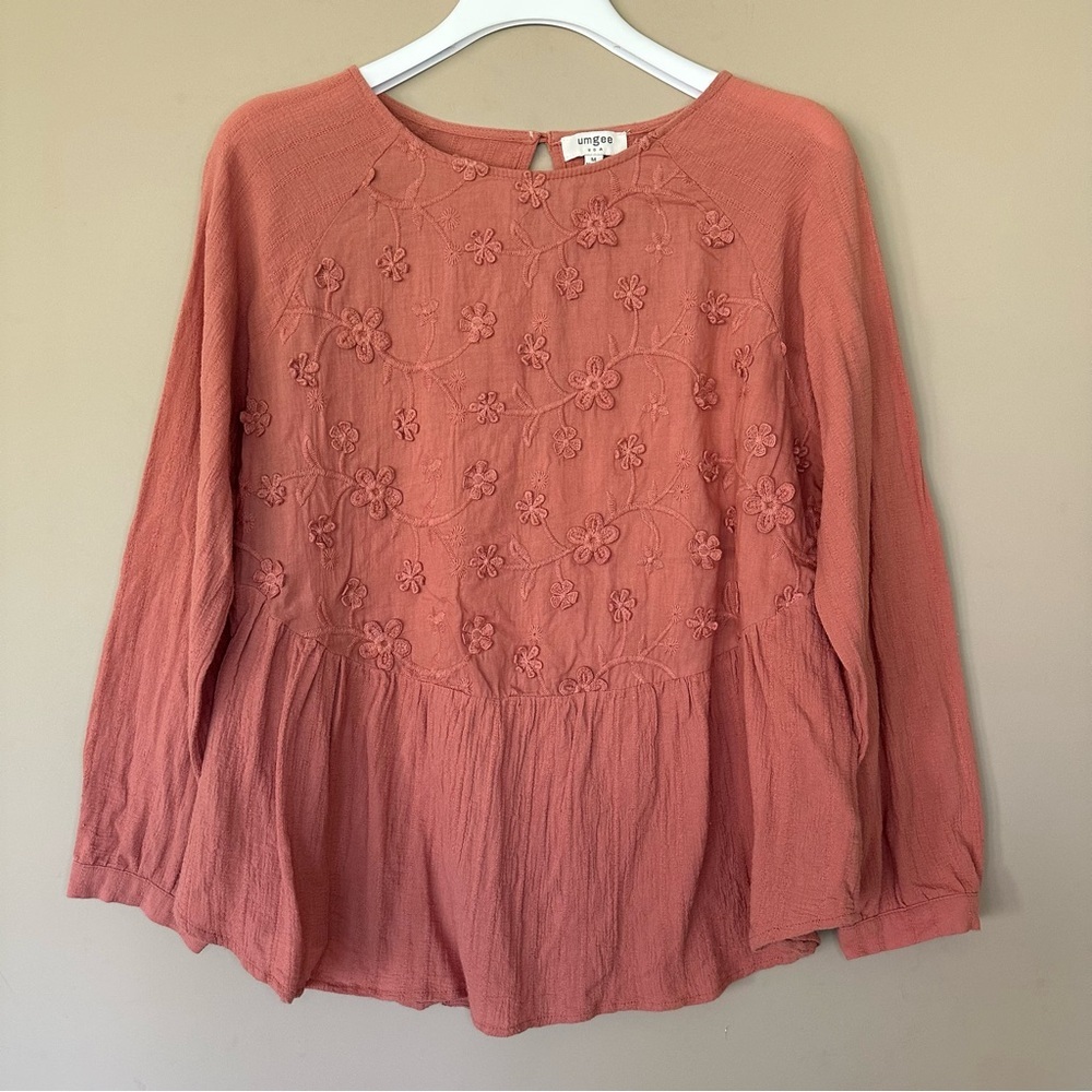 Cottagecore Embroidered Flower Top Tiered Peasant Boho Hippie Women M Dusty Rose